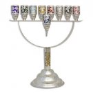 Sterling Silver Hanukkah Menorah with Flower Patterns and Colored Inserts