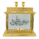 Hanukkah Menorah with Engraved Jerusalem and Shabbat candles in Gold
