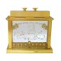 Glass Hanukkah Menorah with Gold Toned Jerusalem Depiction and Hebrew Text