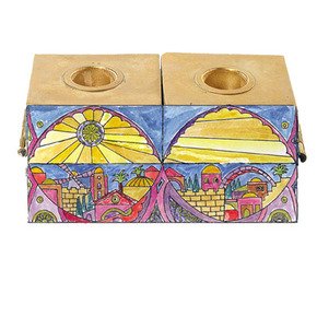 Yair Emanuel Multicolor Three-Block Menorah with a Scene of Jerusalem in Wood