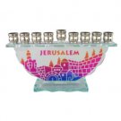 14 Centimeter Glass Hanukkah Menorah with Scene of Jerusalem