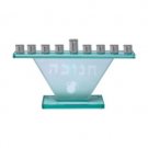 Hanukkah Menorah with Hebrew Text and Oil Jug in Frosted Glass