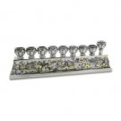 Hanukkah Menorah with Jerusalem in Silver Polyresin
