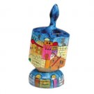 Yair Emanuel Large Wooden Dreidel with Jerusalem and Western Wall Design