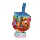 Yair Emanuel Small Wooden Dreidel with Panoramic view of Jerusalem Design and Stand