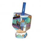 Yair Emanuel Small Wooden Dreidel with Jerusalem City Views Design and Stand