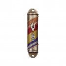 Rounded Semicircle Pewter Mezuzah with Monotone Stripes, Hamsa and Shin
