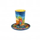 Yair Emanuel Round Wooden Kiddush Cup Set with Jerusalem Depictions