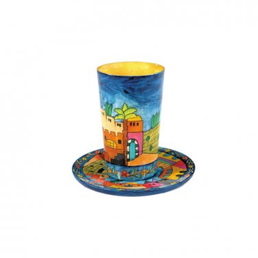 Yair Emanuel Round Wooden Kiddush Cup Set with Jerusalem Depictions