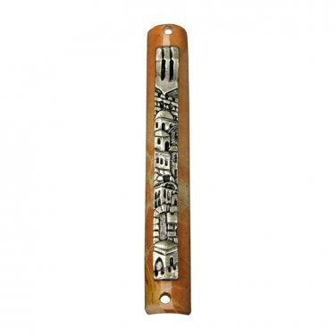 Rounded Stone Mezuzah with Jerusalem Plaque and Shin