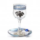 Glass Kiddush Cup with White on Blue Design and Saucer