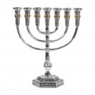 7 Branch Silver Menorah with Temple Scene And Detailing