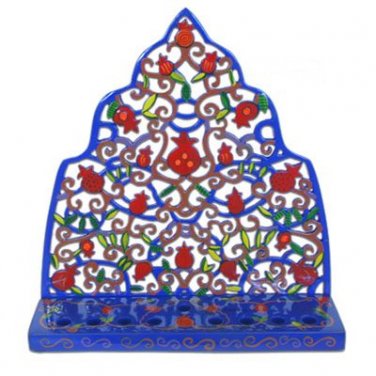 Yair Emanuel Moroccan Style Painted Metal Menorah with Pomegranates & Filigrees