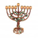 24K Gold Plated Tree of Life Hanukkah Menorah Yellow Roses and Emerald Gems