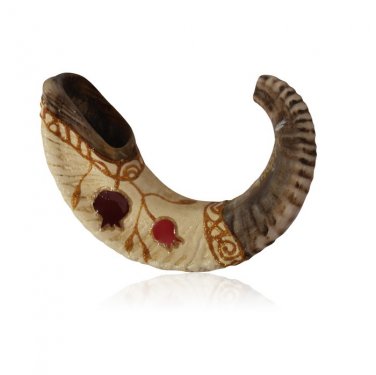 Ram Horn Shofar with Erez Pomegranate Design and White Sleeve