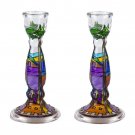Jerusalem Painted Round Glass Column Shabbat Candlesticks in Bright Colors