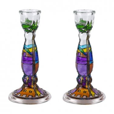 Jerusalem Painted Round Glass Column Shabbat Candlesticks in Bright Colors