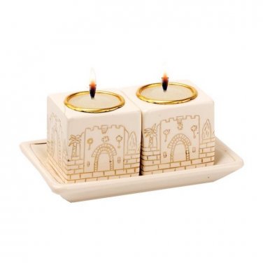 Gold Old-City Gates Details on Square Porcelain Shabbat Candlesticks with Tray