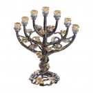 24k Gold Plated 7 Branch Menorah with Turquoise Flowers and Sapphire Crystals