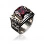 Gold, Squared Ring with Centered Gem and Shema Writing