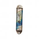 Rounded Semicircle Pewter Mezuzah with Blue Boxes, Star of David and Shin