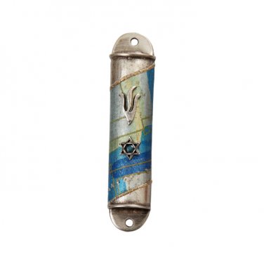 Rounded Semicircle Pewter Mezuzah with Blue Boxes, Star of David and Shin
