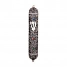 Cylindrical Filigreed Mezuzah Case with Silver Hebrew 'Shin' and Crystals for 10cm Scroll