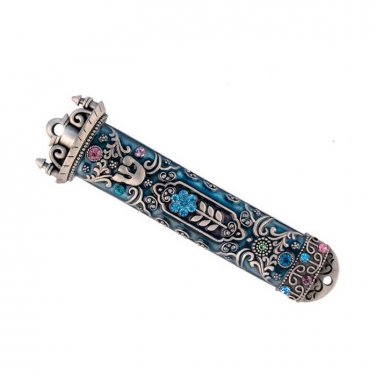 Gorgeous Metal Mezuzah Case with Blue Crystal Flower and Hebrew 'Shin' for 8cm Scroll