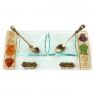 Glass Charoset and Horseradish Dish with Spoons and Hebrew Plaques