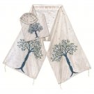 White Silk Tallit with Tree of Life and Blessing in Gold and Blue