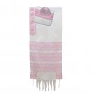 Hand-woven White Wool and Silk Tallit with Pink Stripes and Stars of David