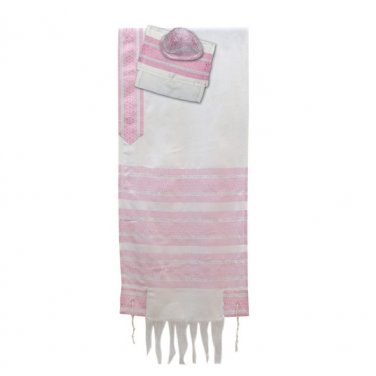 Hand-woven White Wool and Silk Tallit with Pink Stripes and Stars of David
