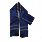 Dark Blue ICE Cloth Tallit with Black Atara, White Hebrew Text and Stripes