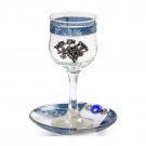 Glass Kiddush Cup with Blue Floral Motif and Saucer