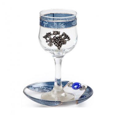 Glass Kiddush Cup with Blue Floral Motif and Saucer