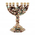 24k Gold Plated 7 Branch Floral Menorah in Brown with Emerald Crystal Accents