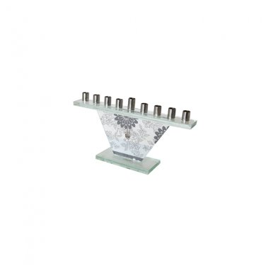Glass Hanukkah Menorah with Floral Pattern and Hamsa
