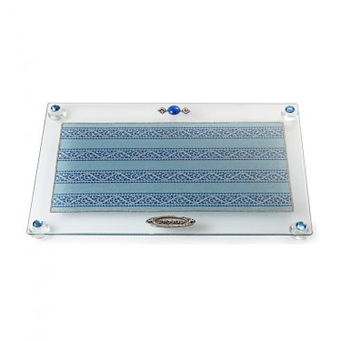 Glass Challah Board with Light and Dark Blue Motif