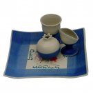Blue and White Ceramic Havdalah Set with Turquoise Hebrew Text and Seven Species
