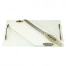 Glass Challah Board with Nickel Handles, White Floral Pattern and Plaque