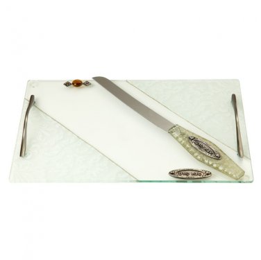Glass Challah Board with Nickel Handles, White Floral Pattern and Plaque