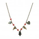 Antiqued Gold Chain Necklace with 5 Charms and Red Beads