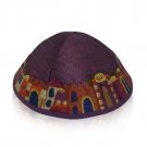 Yair Emanuel Purple Machine Embroidered Kippah with Jerusalem Design