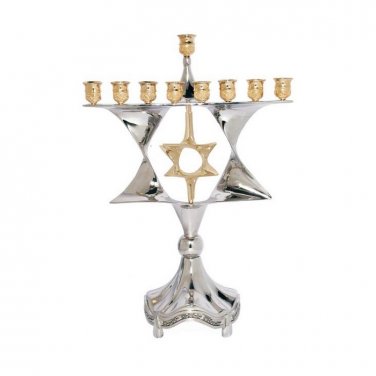 Large Star of David Silver Plated Hanukkah Menorah with Spinning Golden Star