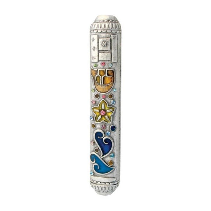 Cylindrical Mezuzah Case in Silver with Modern Hebrew 'Shin' and Hearts
