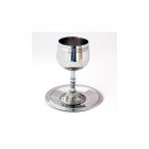 Ester Shahaf Stainless Steel Kiddush Cup with Ornaments and Matching Saucer