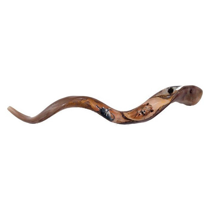 Yemenite Shofar with Hand Painted Animals Design (Medium)