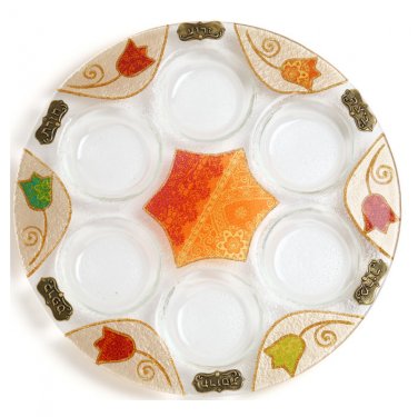 Glass Seder Plate with Flowers, Star of David and Green Meal Plaques