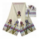 White Silk Tallit with Appliqué Irises and Purple Hebrew Text