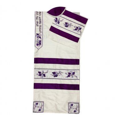 White Silk Tallit with Purple Pomegranates and Hebrew Blessing